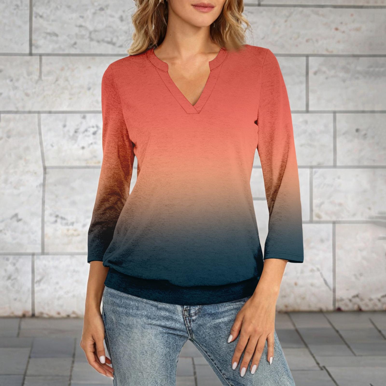 

Women s 3/4 Sleeve Top Neck Hem V,Neck Summer Casual ,Shirt Gradient Printed Top L шафрановий