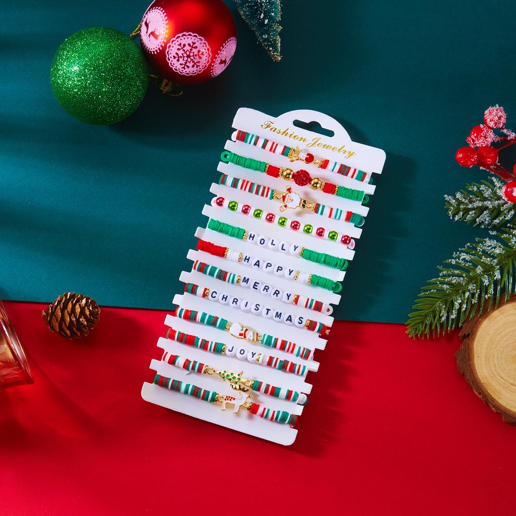12pcs Christmas Bracelet Set Colorful Soft Clay Crystal Beads Santa Claus Tree Pendant Bangle Party Jewelry Xmas Gifts for Girls