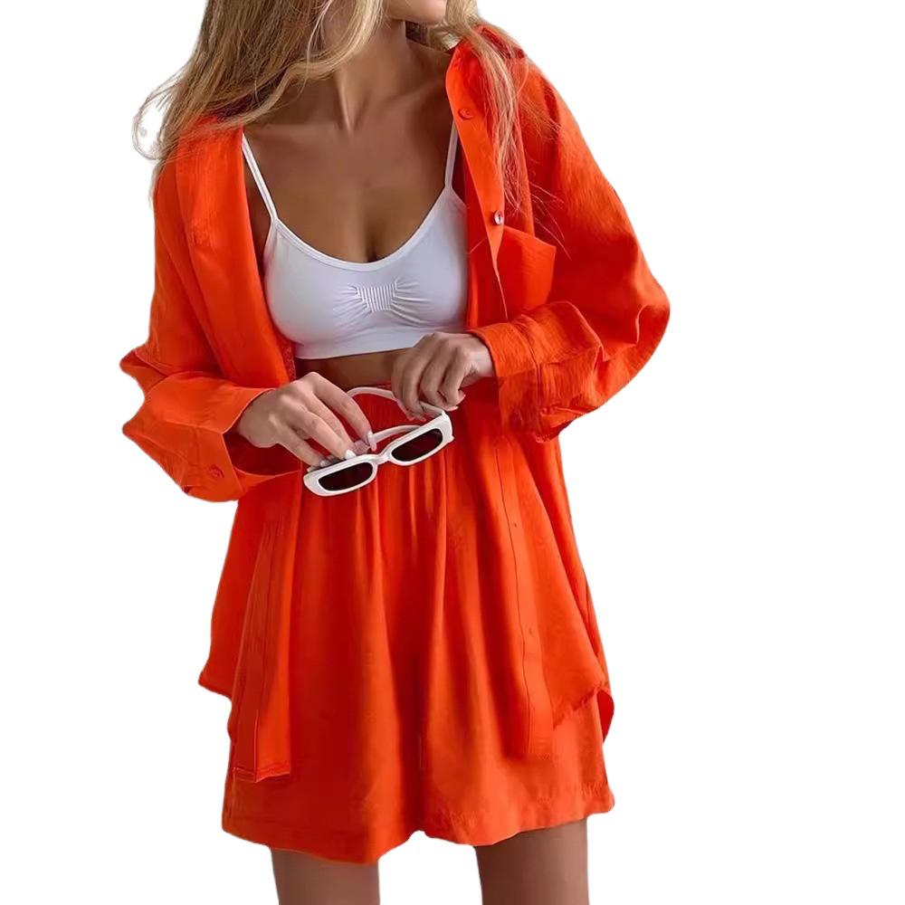 Spring & Autumn Loose-Fit Solid Color Single-Breasted Shirt and Fashion Shorts Sports Suit
