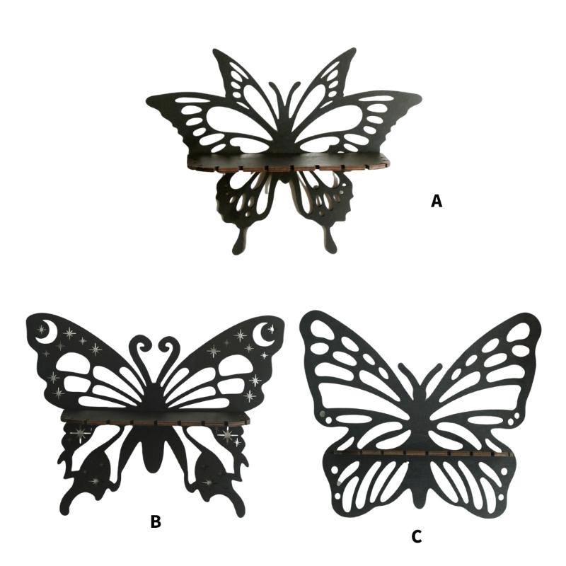 Black Hanging Shelf Crystal Holders Butterfly Shape Wood Cutout Floating Wall Shelves for Bedroom Living Room Decoration