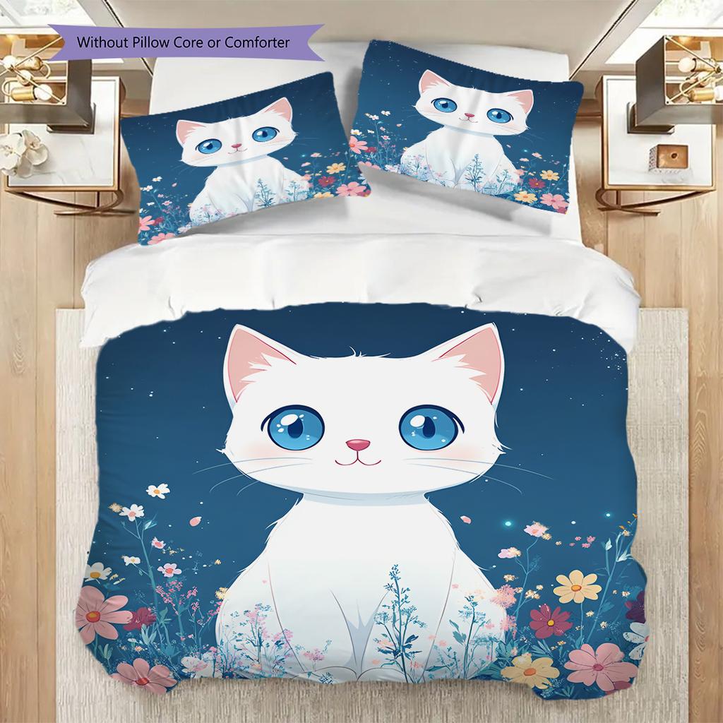 Weißes Katzenmuster Bettwäsche Steppdecke Set Deckenbezug Kissenbezug Heimdekoration Geburtstagsgeschenk (1 Bettbezug + 2 Kissenbezüge, ohne Füllung)