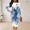 Women Plus Size Round Neck Long Sleeve Blue White Printed Bodycon Midi Dress