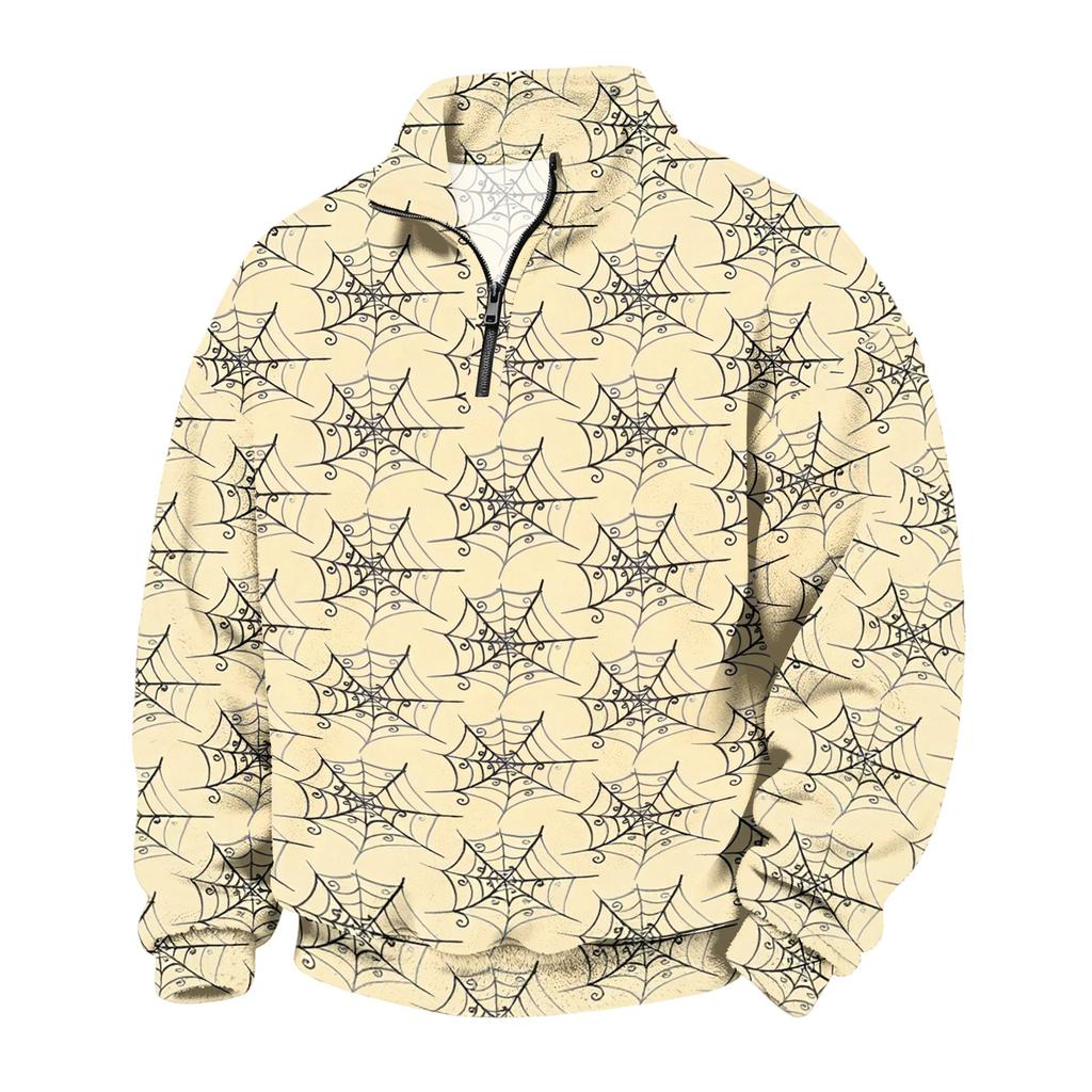 Men's Flannel Quarter-Zip Long Sleeve Pullover Hoodie with Halloween Print