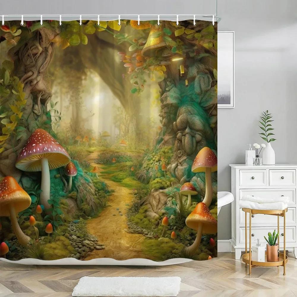 Fantasy Mushroom Shower Curtains Fairy Forest Tree Gothic Panel Jungle Green Zen River Bathroom Decor Shower Curtain With Hooks