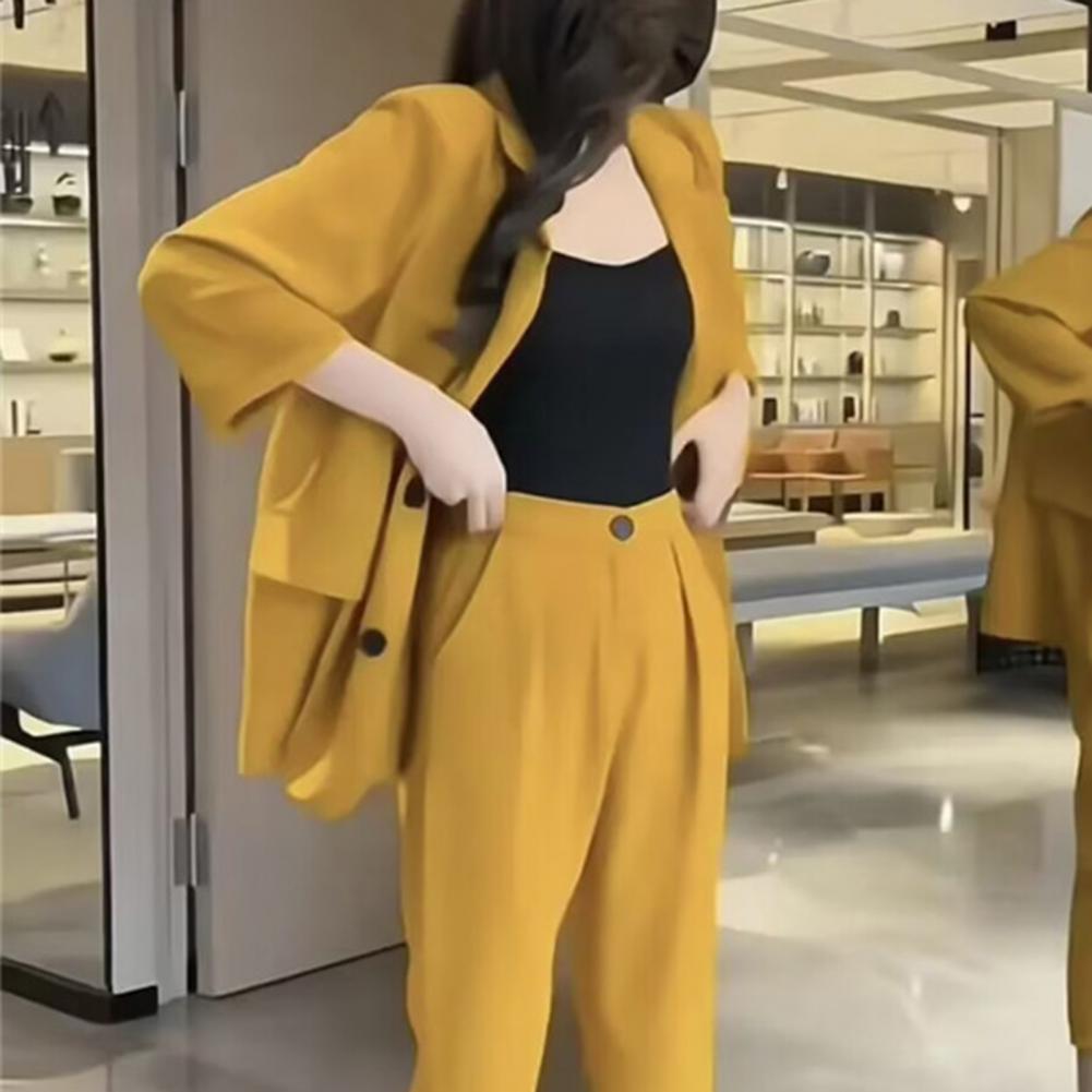 Women Suit Coat Lapel 3/4 Sleeve Double Breasted Suit Jacket Solid Color Loose Fit Flap Pockets Business Outwear