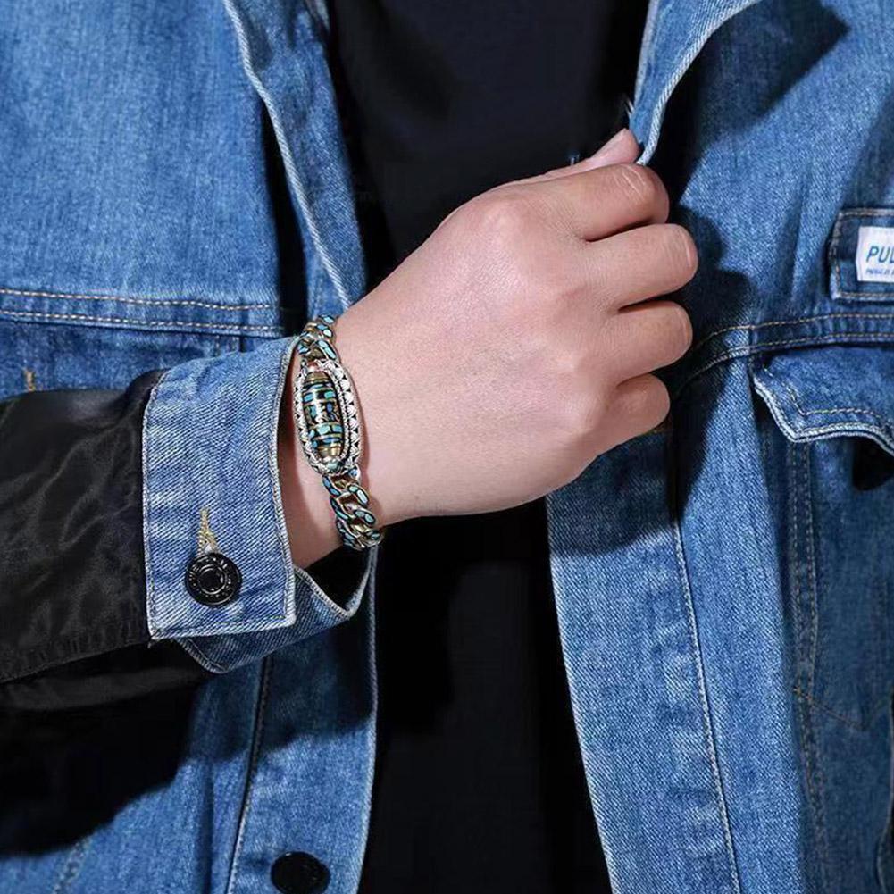 Turquoise Six-character Mantra Nine-eyed Dzi Bead Bracelet, Style W Tibetan H6I0