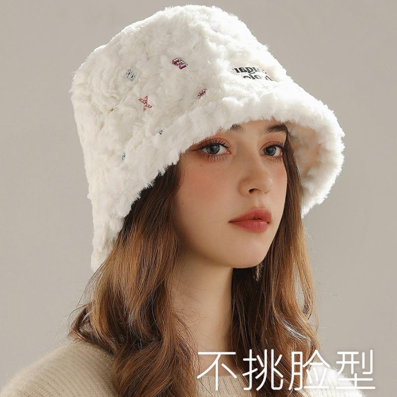 Winter New Plush Bucket Hat Women's Big Head Circumference Shows Small Face Thickened Warm Colored Diamond Alphabet Hat Advanced Sense