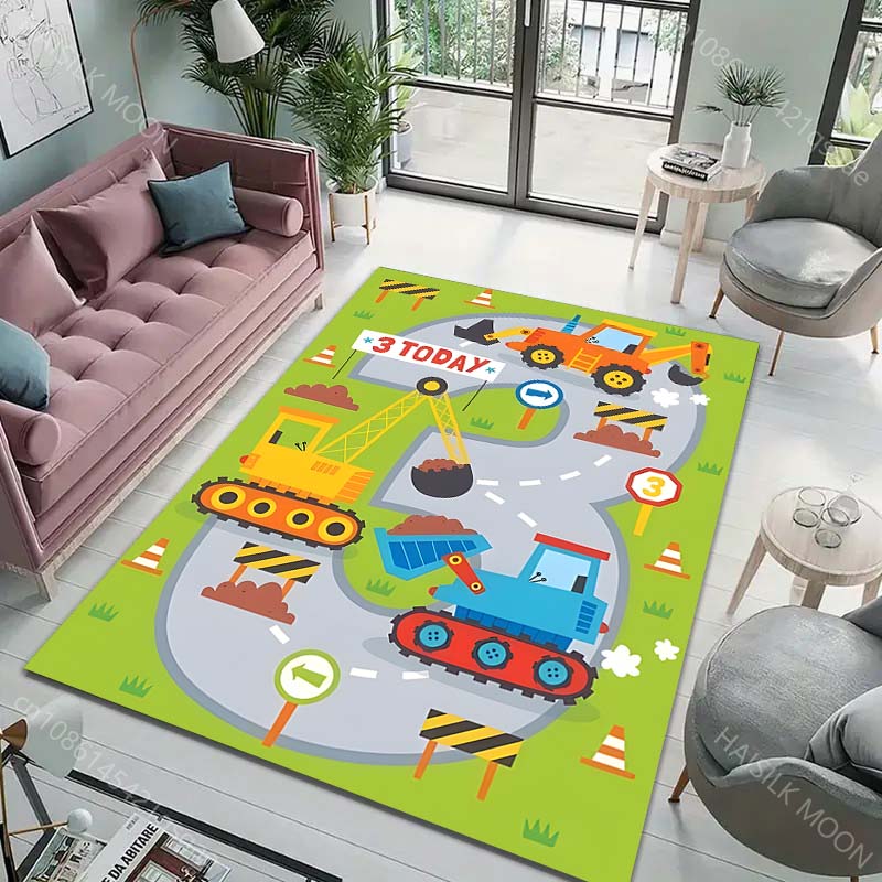 Cartoon Baumaschine Teppich für Wohnzimmer Schlafzimmer Sofa Kreative Fußmatte Heimdeko Bereich Robuster Rutschfester Teppich Große Größe