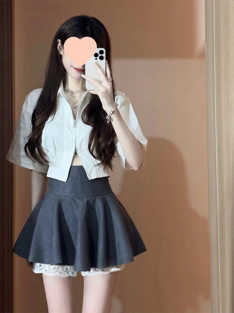 Summer French Chic Short Sleeve Shirt & High Waist Skort Set