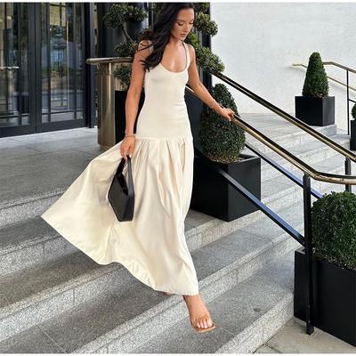 Robe longue patchwork à col carré pour femme, sans manches, coupe trapèze, slim, tenue d'été pour soirée