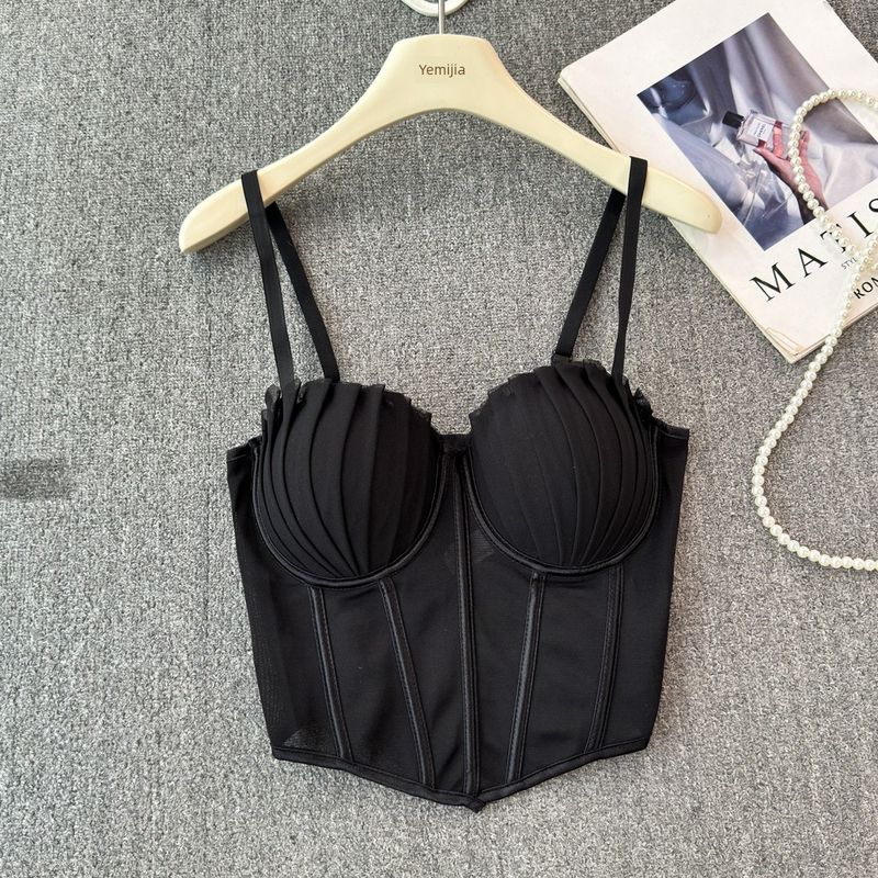 European American Summer New Mesh Folding Sexy Fishbone Camisole Women's Clothing Base Ride Outer Wear Short Tops