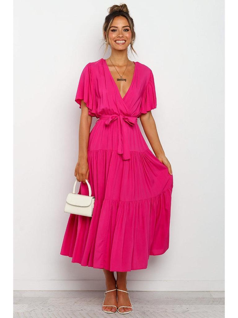 Böhmisches V-Ausschnitt Druck Kurzarm Taillenbetontes Langes Kleid Verfügbar