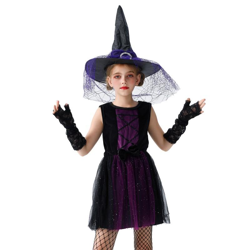 Girls Halloween Witch Costume Dress With Cape Accessories Kids Party Performance