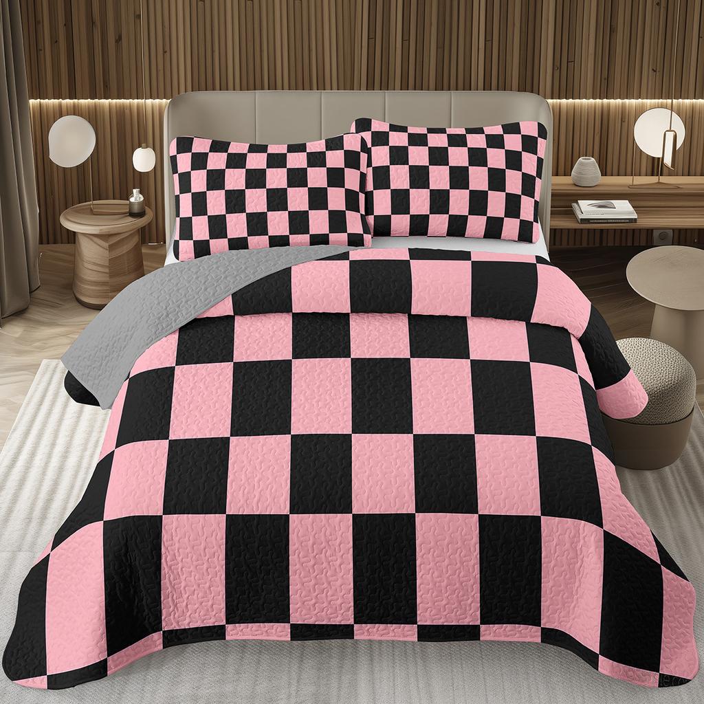 Retro Karierte Tagesdecke Twin Queen Vintage Ausgefallen Geometrisch Karomuster Gestepptes Bettwäscheset Schachbrettmuster Gitter Wendbare Tagesdecke Set