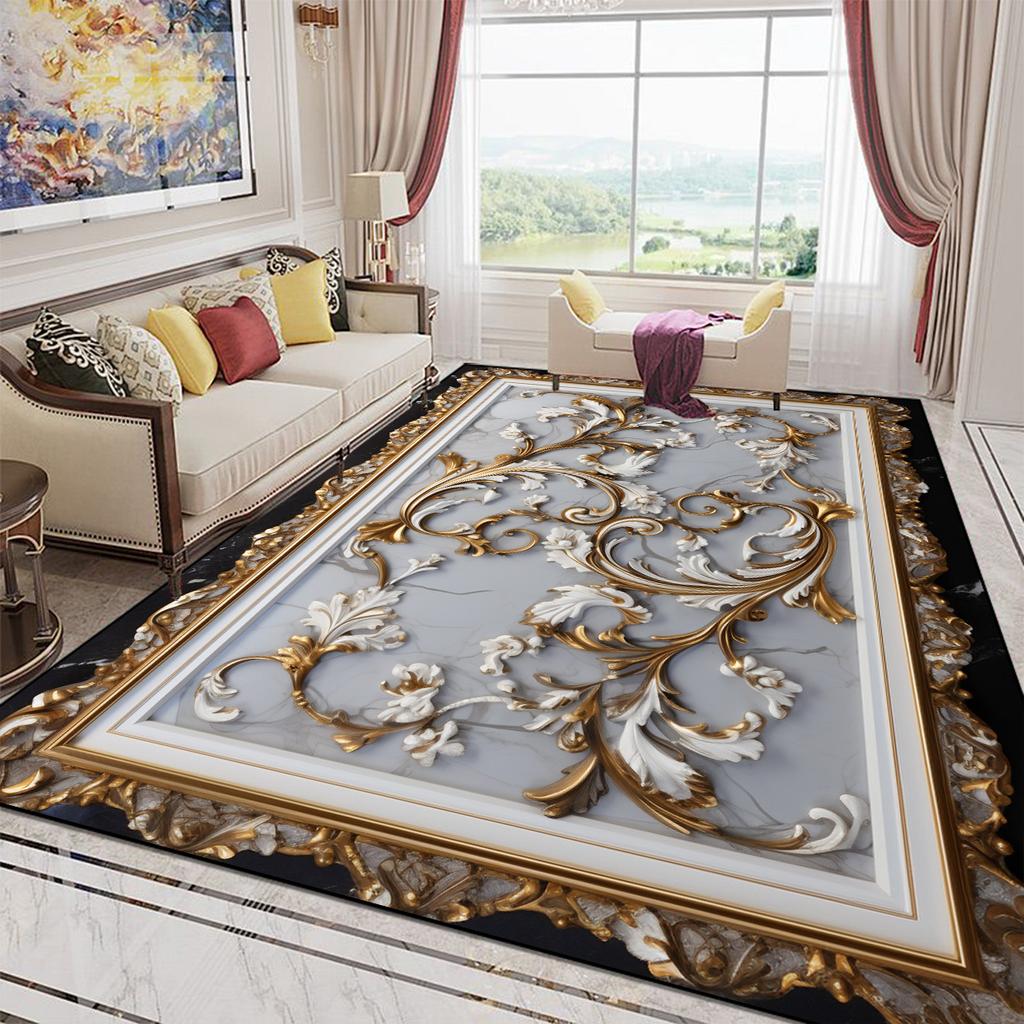 Luxury Style Golden Large Size Carpet Living Room European Decoration Sofa Area Rugs for Bedroom Washable Entrance Mats Non-slip