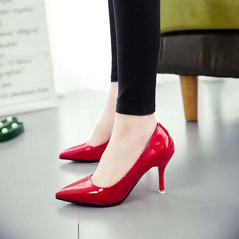 

весна 2019 10 см телесные туфли-лодочки на шпильке женские одинарные туфли черные на среднем каблуке с открытой союзкой рабочие туфли красные свадебные туфли 34