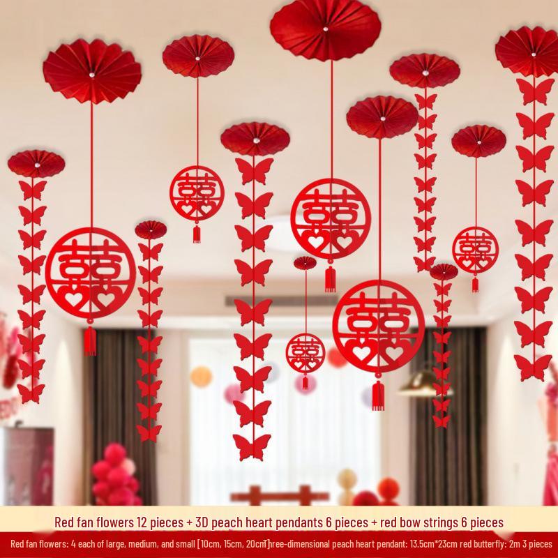 Double Happiness Wedding Hanging Decorations for Living Room, Bride's Bedroom, and Groom's Master Bedroom