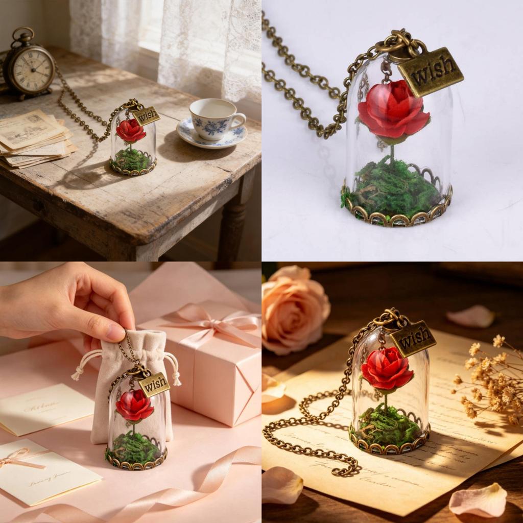 Collana Vintage Fiore di Rosa con Ciondolo in Cristallo Fatto a Mano per Donna