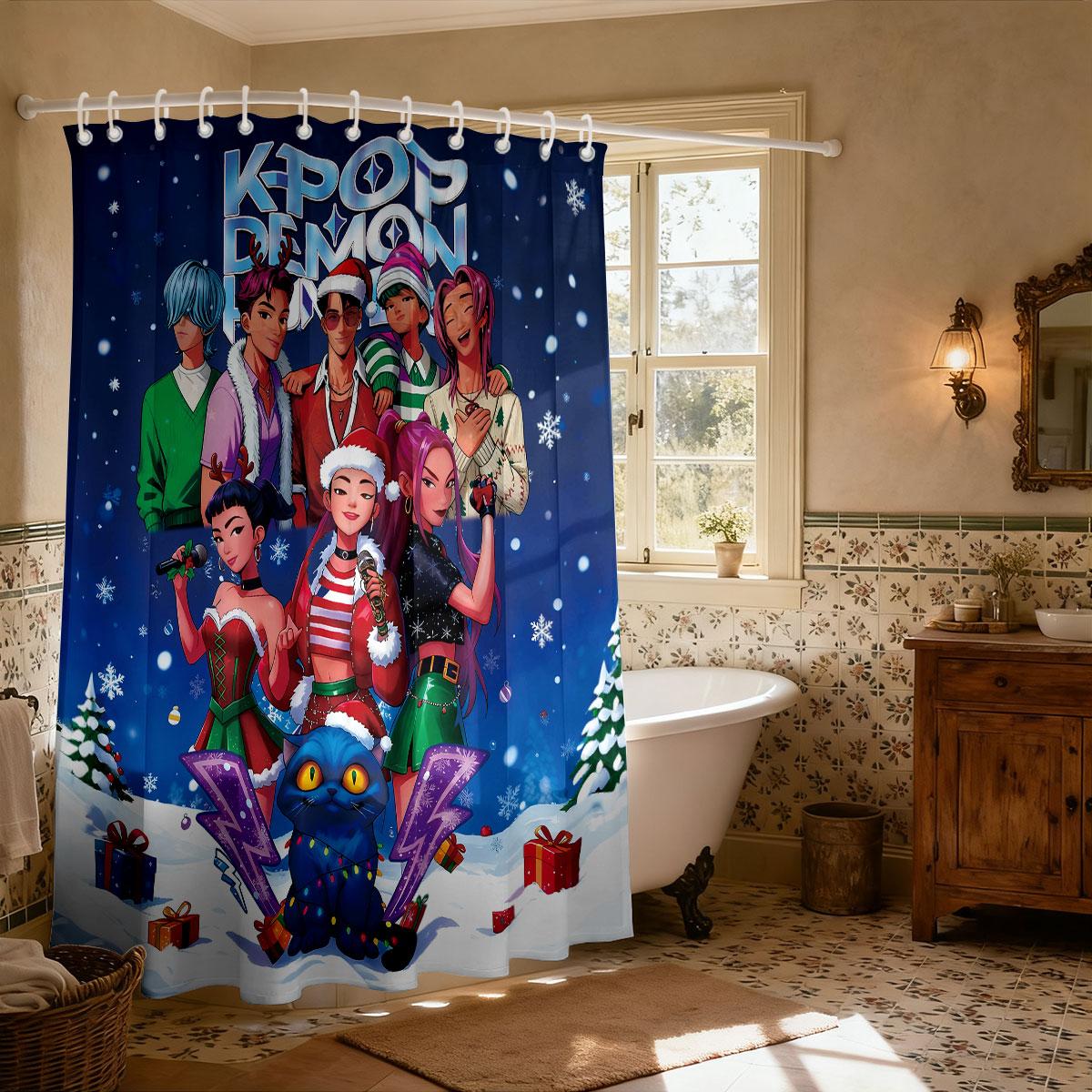 

1 шт. Рождественская K-Pop Принт Охотники на демонов Занавеска для душа Водонепроницаемая Перегородка для душа с 12 крючками Разные размеры 90x180cm