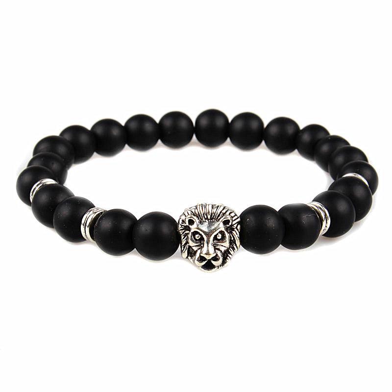 Natural Matte Frosted Volcanic Stone Bracelet with Lion Head Beads