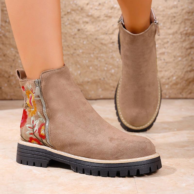Winter 2025 Suede Print Booties Women's Plus Size Side Zipper Vintage Round Toe Muffin Martin Boots