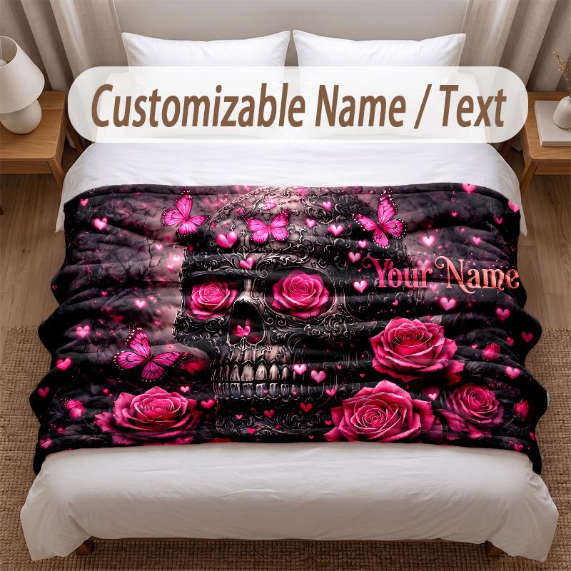 Skull Gothic Theme Soft Blanket Personalized Custom Name Text Print Warm Blanket Home Sofa Bedroom Decor
