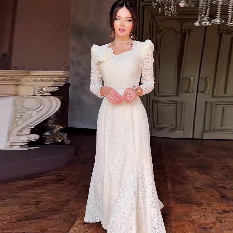 2024 Autumn European & American Women's Elegant Lace Splicing Long Dress