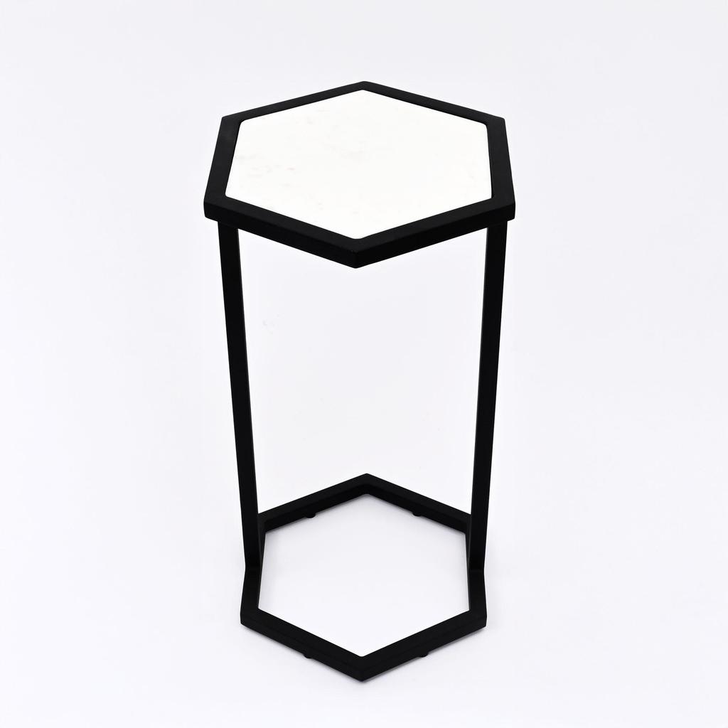 Hexagonal Marble Table Set of 2 – Modern Nesting Accent Tables with Black Metal Base