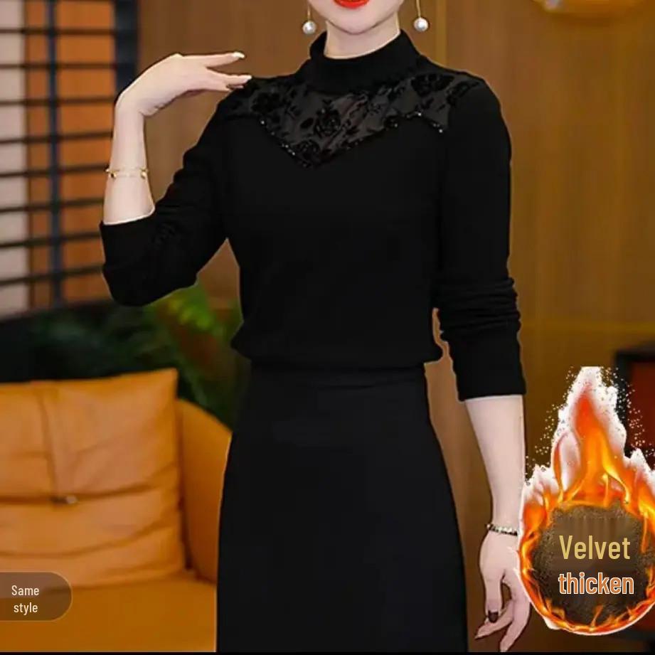 Women's Winter Lace Patchwork Plush Base Layer Top – Stylish, Slimming, Warm, and Fashionable.