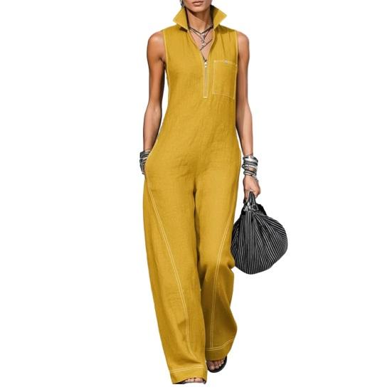 Damski kombinezon bez rękawów, casualowy, długie spodnie, romper z kieszeniami, letni, zapinany na zamek, ze stójką, jednoczęściowy kombinezon