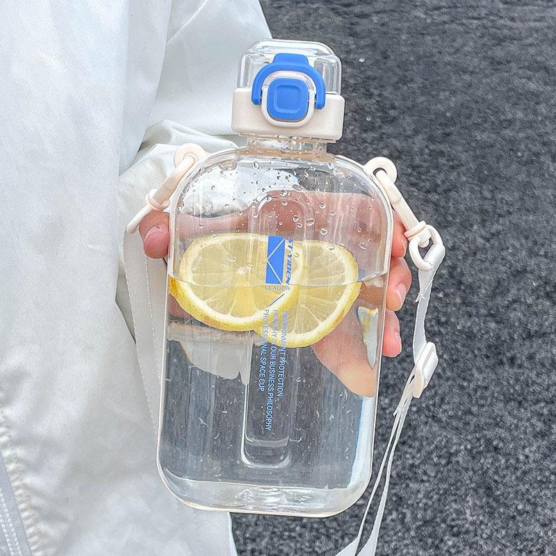 Square Flat Transparent Portable Water Bottle with adjustable strap lightweight for hiking school travel office
