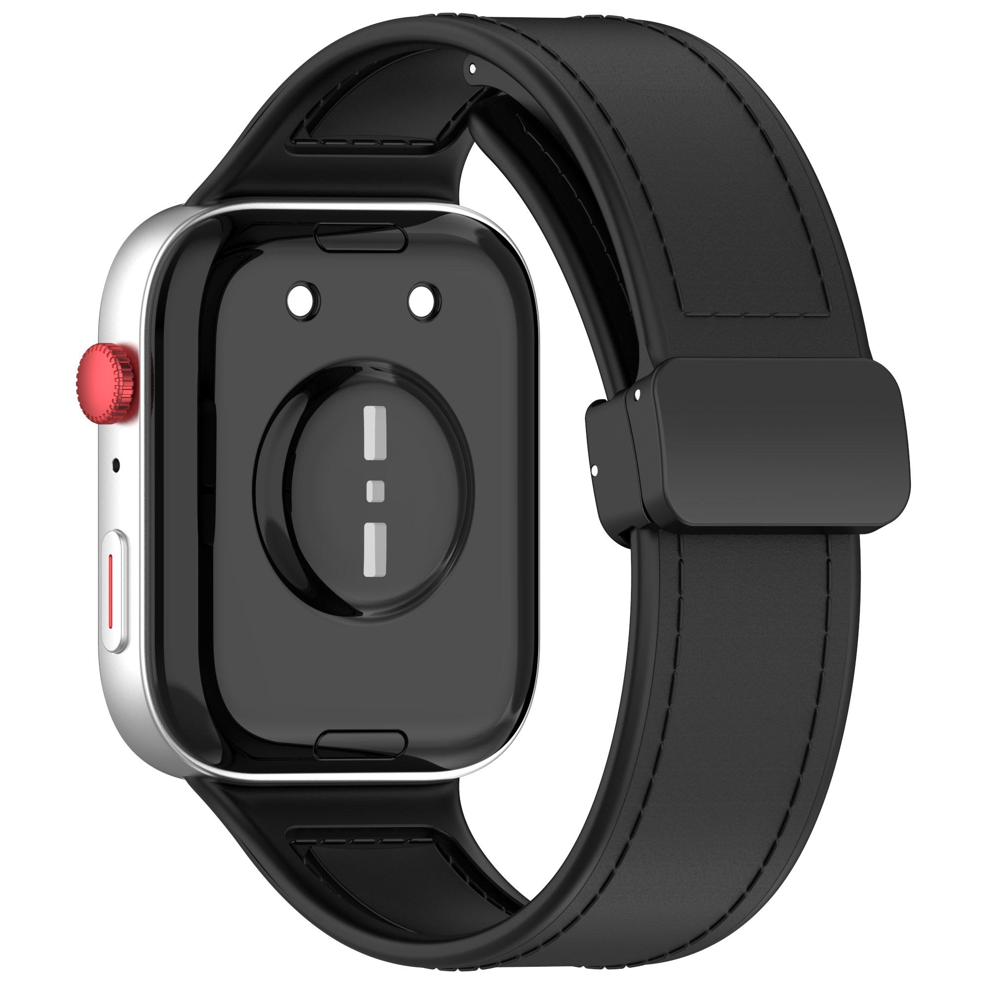 

For Huawei Watch Fit 3 Leather Coated Silicone Band Adjustable Watch Strap with Magnetic Buckle Black