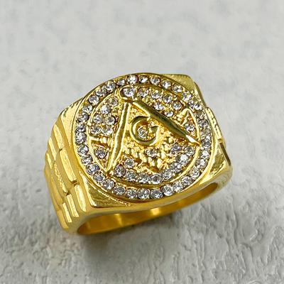 Freimaurerringe für Herren Goldfarbe 316L Edelstahl Quadratischer Strasssteinring AG Freimaurer Vintage Klassisch
