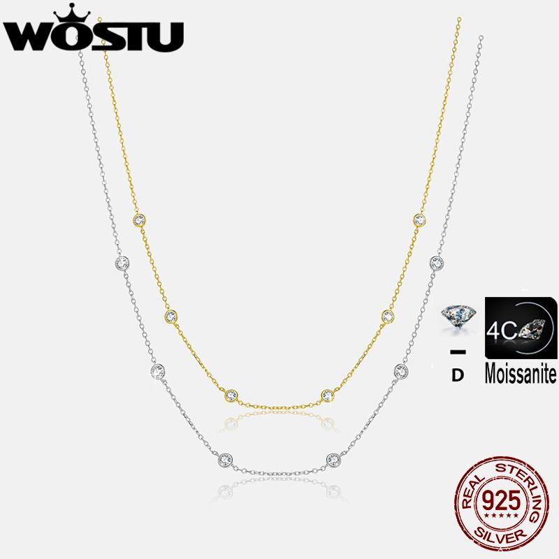 WOSTU Mossanite Station Wedding Chain Necklace For Women 925 Sterling Silver 18K Gold Diamond Cut BTY Layering Choker Necklaces