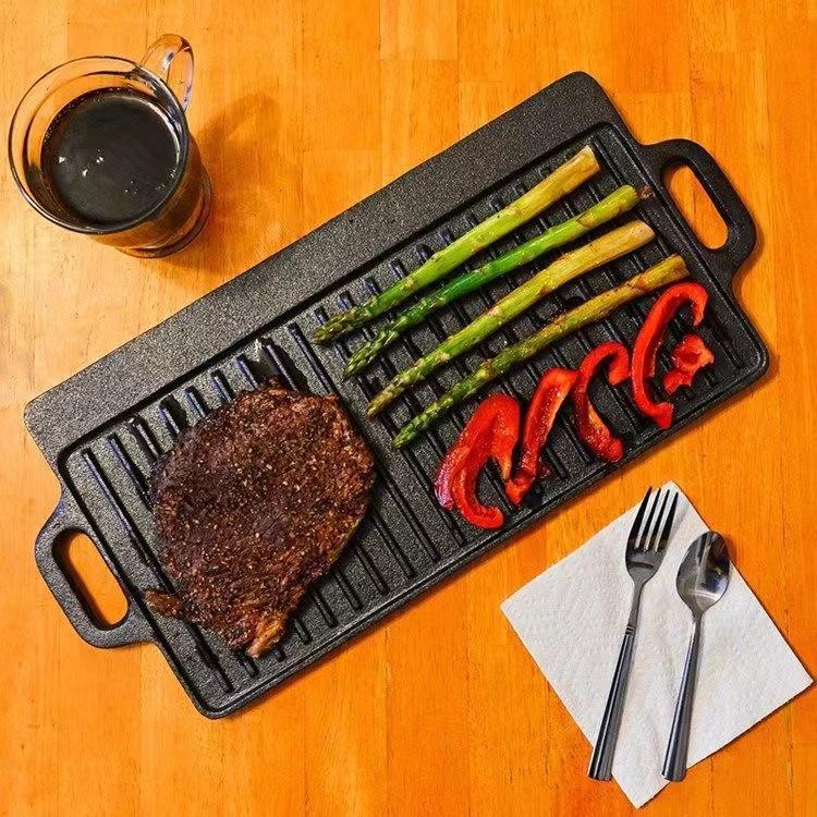 Double Ear Cast Iron Griddle: Rectangular, Double-Sided BBQ & Frying Pan for Outdoor Cooking