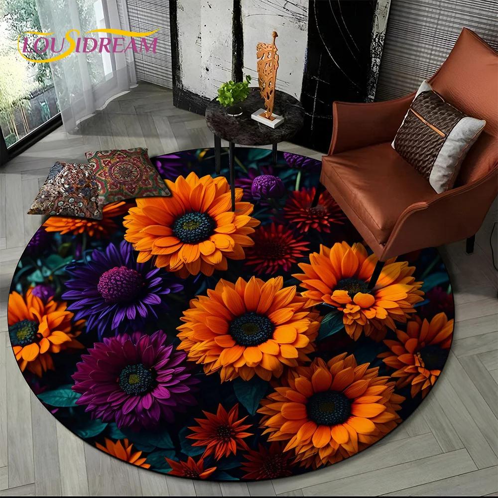Covor rotund 3D Lux Floarea Soarelui Trandafir Nordic Margaretă pentru Decor Sofă Living Dormitor, Covor Zonă Copii Covoraș de Podea Antiderapant Cadou