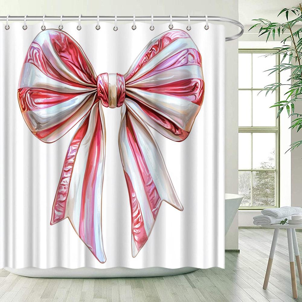 1Pc Elegant Metallic Bow Shower Curtain, Glossy White With Pink And Red Swirls, Smooth Reflective Texture, 12 Hooks, 70X70 Inche