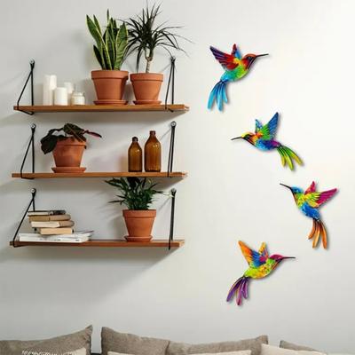 4Pieces Quick Hanging Wooden Colorful Bird Sculpture Decors Festives Handcrafted Wall Art For Holiday Interior Styling