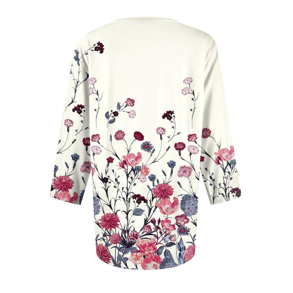 Dámské ležérní topy s výstřihem do V, pruhovaným potiskem a sedmirukávovým střihem