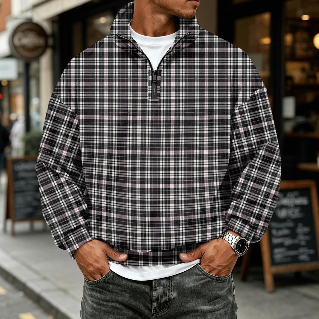 Men's Casual Flannel Quarter-Zip Long Sleeve Sweatshirt Plaid Print