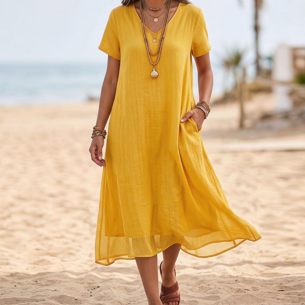 Women's V-Neck Short Sleeve Color Dress with Pockets