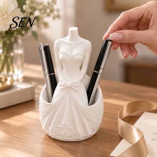 Decorative Dress Shaped Pen Stand 3D Printed Wedding Holder, Stationery Organizer with Dual Storage Artistic Table Decoration Slots for Pens