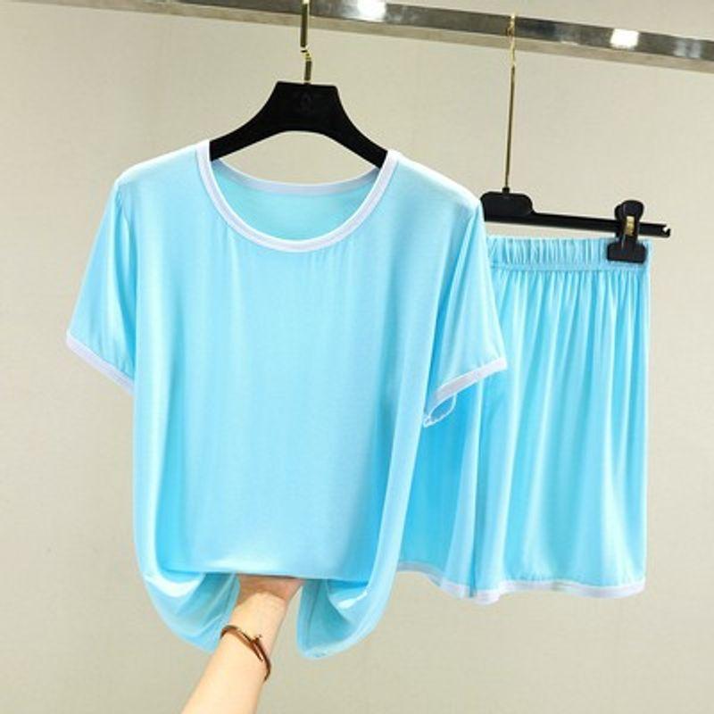 

Модальная футболка с коротким рукавом женская летняя тонкая большого размера свободная базовая майка шорты с высокой талией домашняя пижама комплект из двух предметов Sky Blue XL (recommended 60.00 kg-70.00 kg