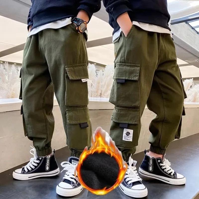 Boys Fleece-lined Pants Casual Loose Fit Winter Warm Cargo Pants Integrated Velvet for Kids