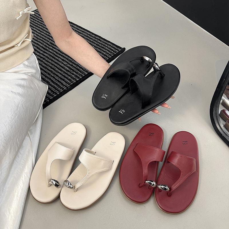SGIRL TWTW high-end fashion round toe flip-flops shoes women's summer leather flat-bottomed vacation beach
