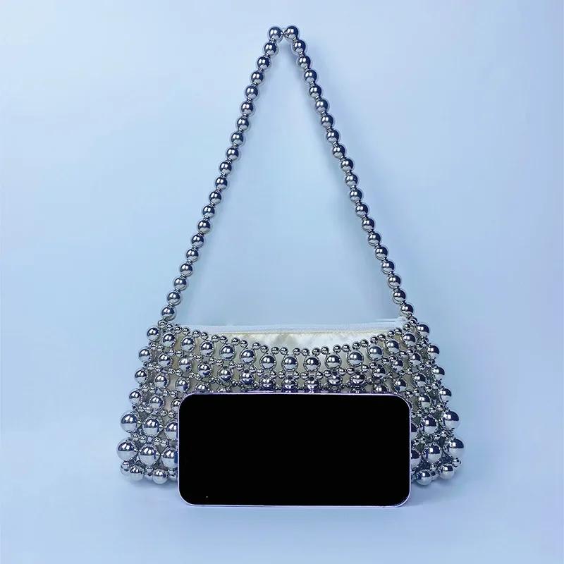 Vintage Pearl Chain Handbag Simple Portable Street Stroll Handbags for Women Handmade Weaving Bags Single Handle