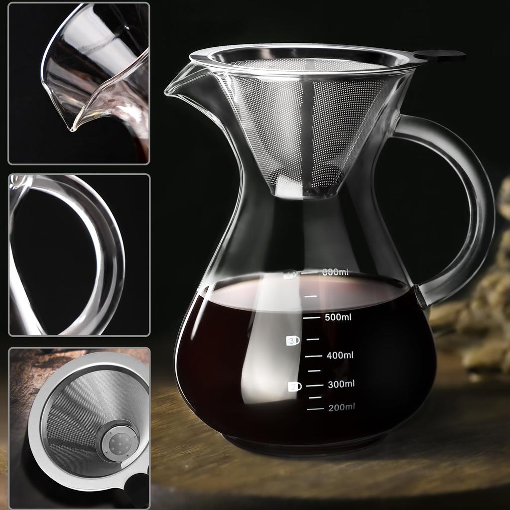 600ml Drip Coffee Server with Filter, Microwave-Safe, No Paper Coffee Filters Required, Includes Cup, Brush, and Graduations