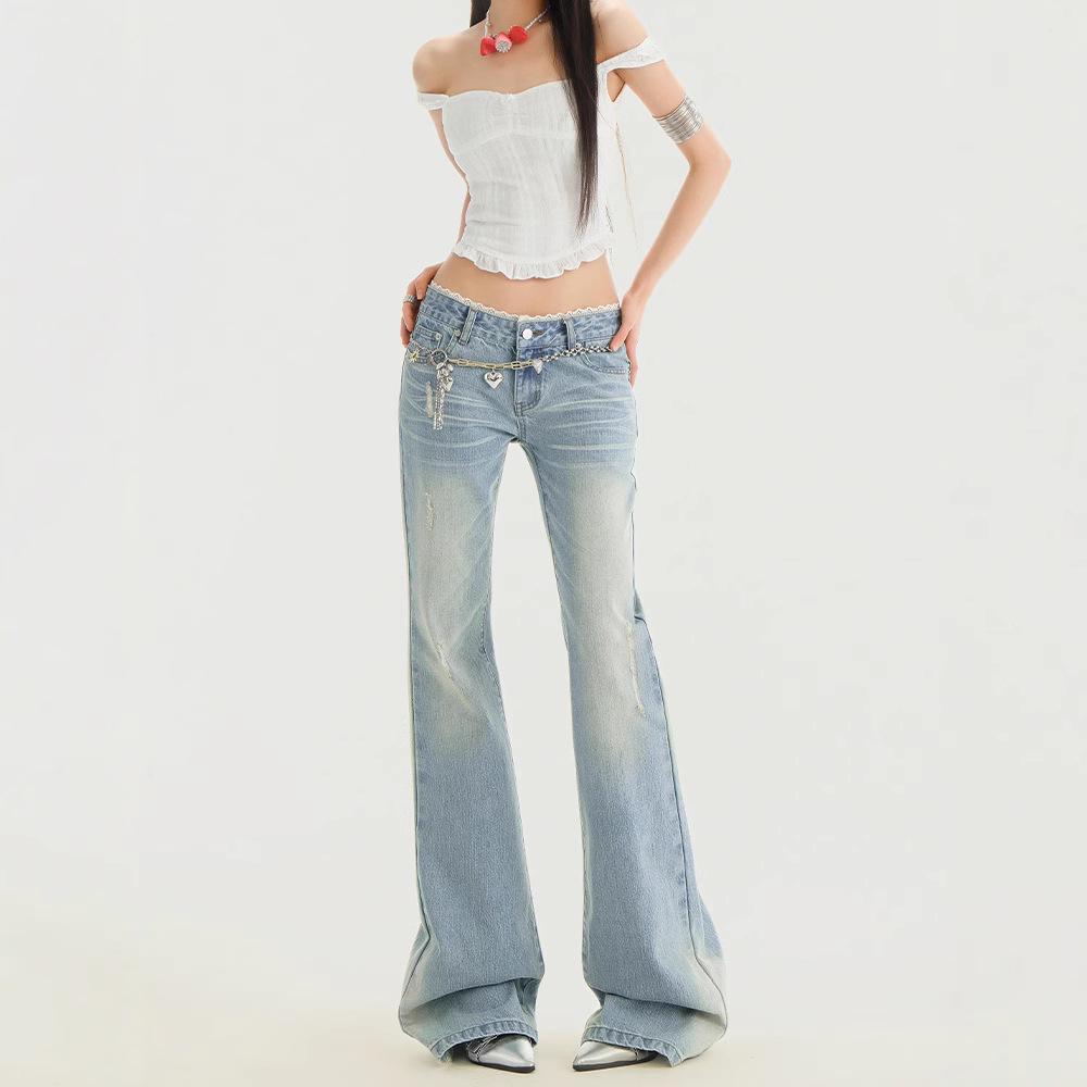 

Women s 2025 Summer Light Color Elastic Lace-Trim Flare Jeans Small