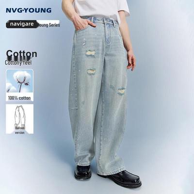 NVG·YOUNG Men's Loose Fit Ripped Straight Denim Jeans
