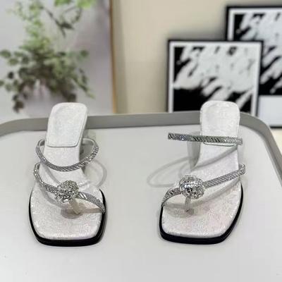 2025 New High-heeled Elegant National Style Slippers Women's Toe Fashion Crystal Thick Heel Embroidery Outer Wear Cool Slippers Women